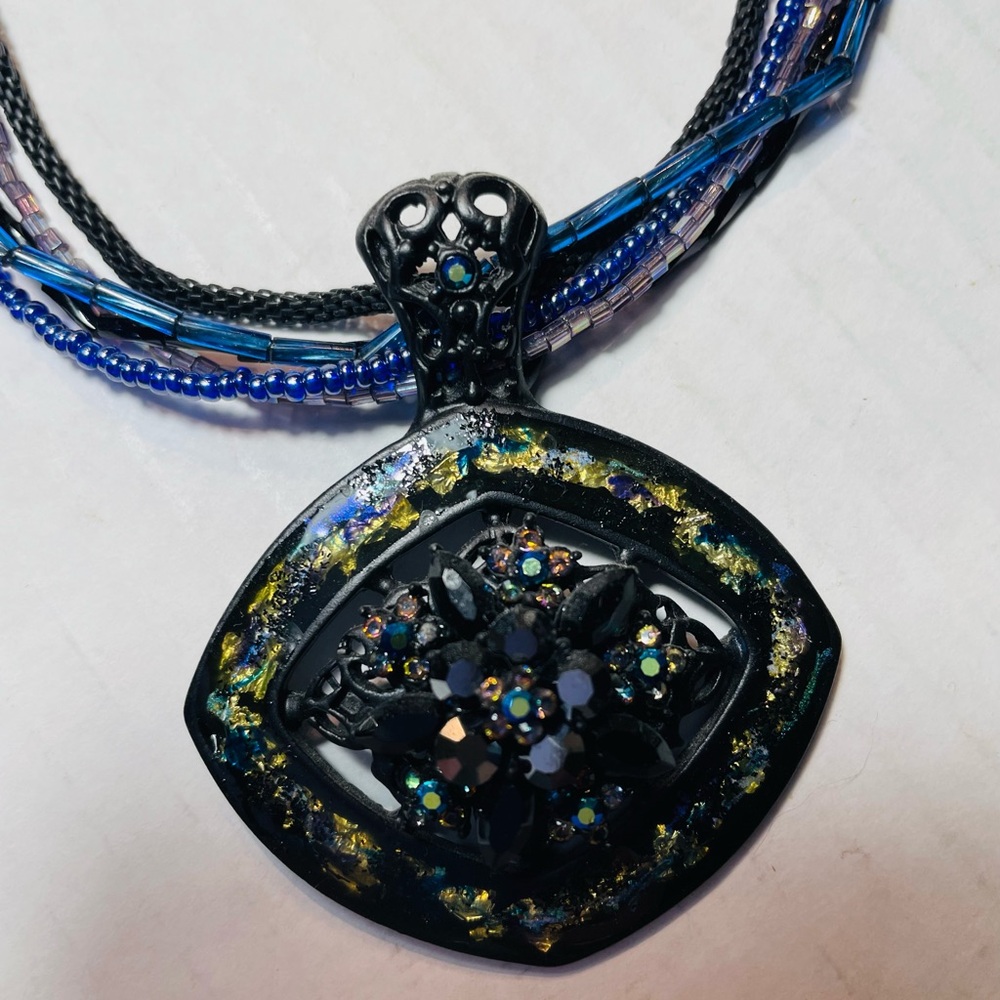 Vintage Chico’s Multi-Strand Beaded Black and Blue Pendant Statement Necklace